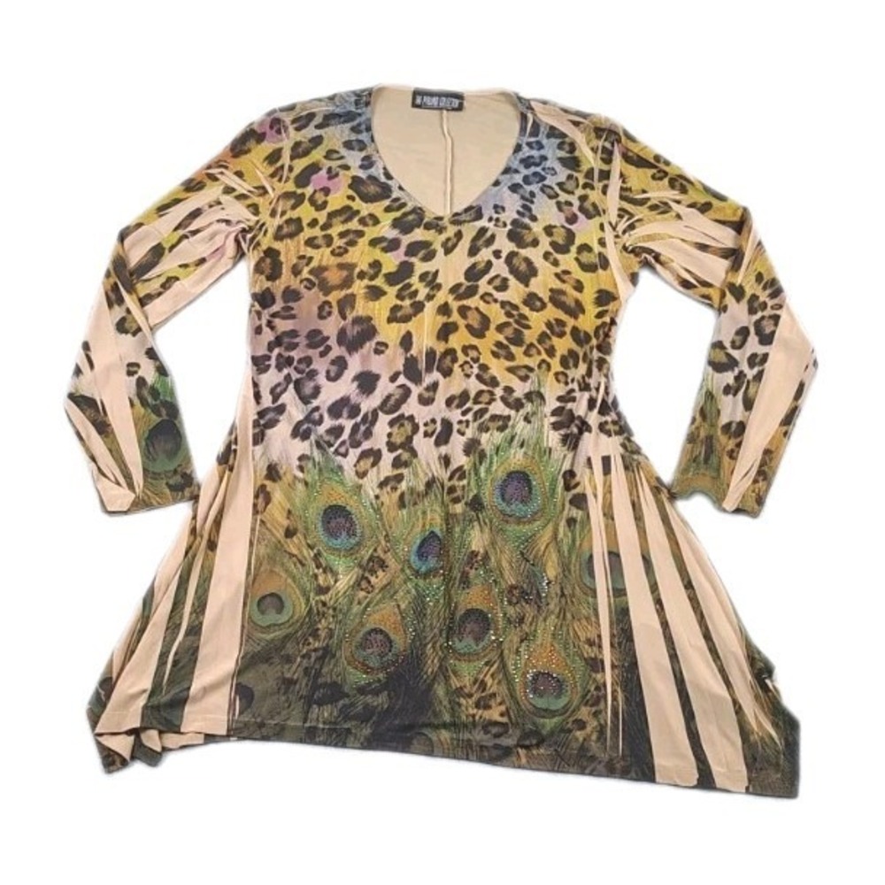 Pyramid Collection Tunic Women M Tan Leopard Peacock Whimsigoth Boho Sharkbite